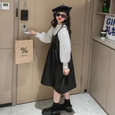 Girl Dress Party Dresses Ruffle Collar Strap pu Long-sleeve Dress-TB00920-Veeddydropshipping